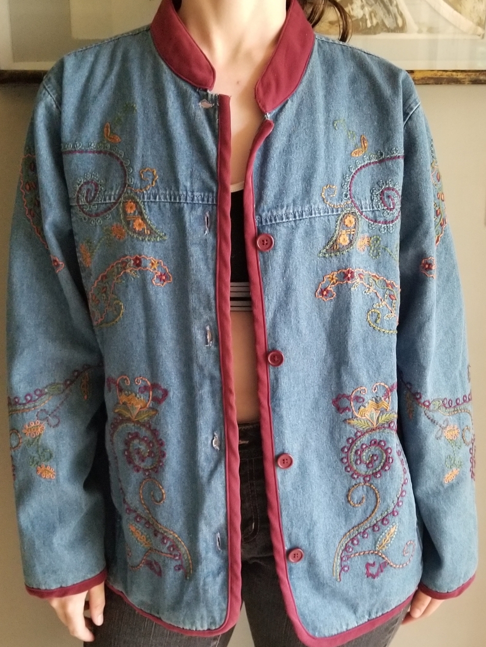 Vintage Embroidered Denim Jacket with Maroon Trim 100% Cotton